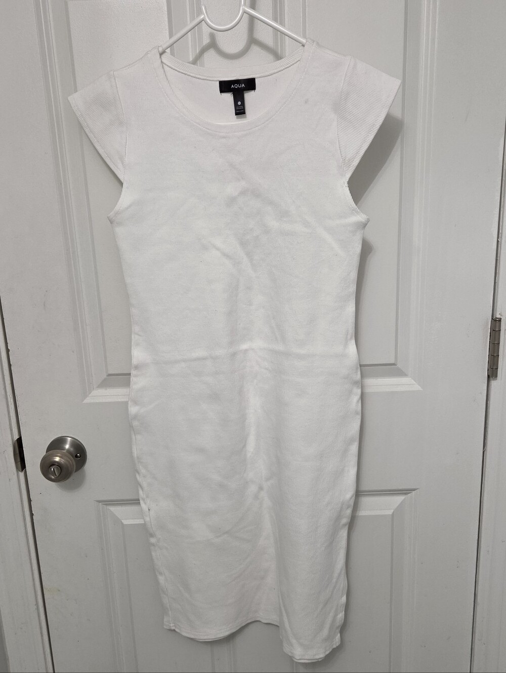Aqua Womens Ponte Knit Sheath Ribbed Cap-Sleeve Midi Dress White Size M